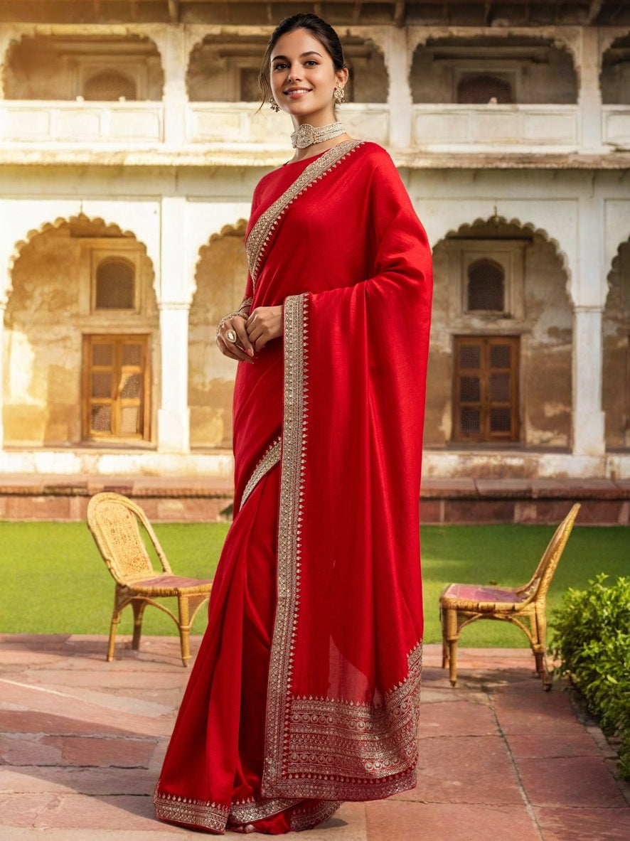 Lorenvalley Fashion Red Vichitra Silk with Sequence coding Work Saree with Blouse - Swadesiicart