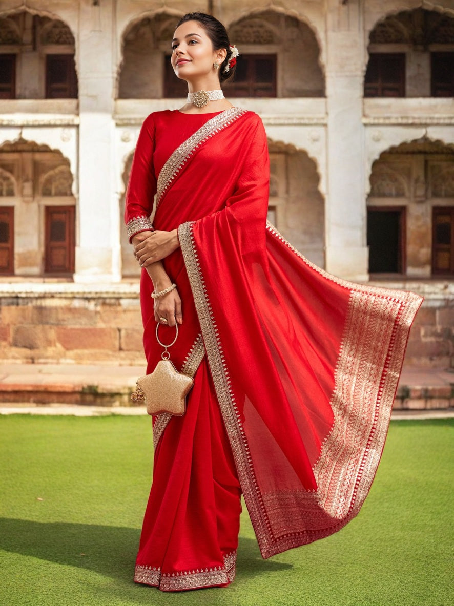 Lorenvalley Fashion Red Vichitra Silk with Sequence coding Work Saree with Blouse - Swadesiicart