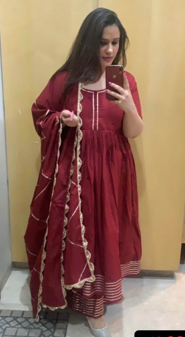 Pomcha Jaipur Gotta Jaal Maroon Cotton Anarkali | Swadesiicart