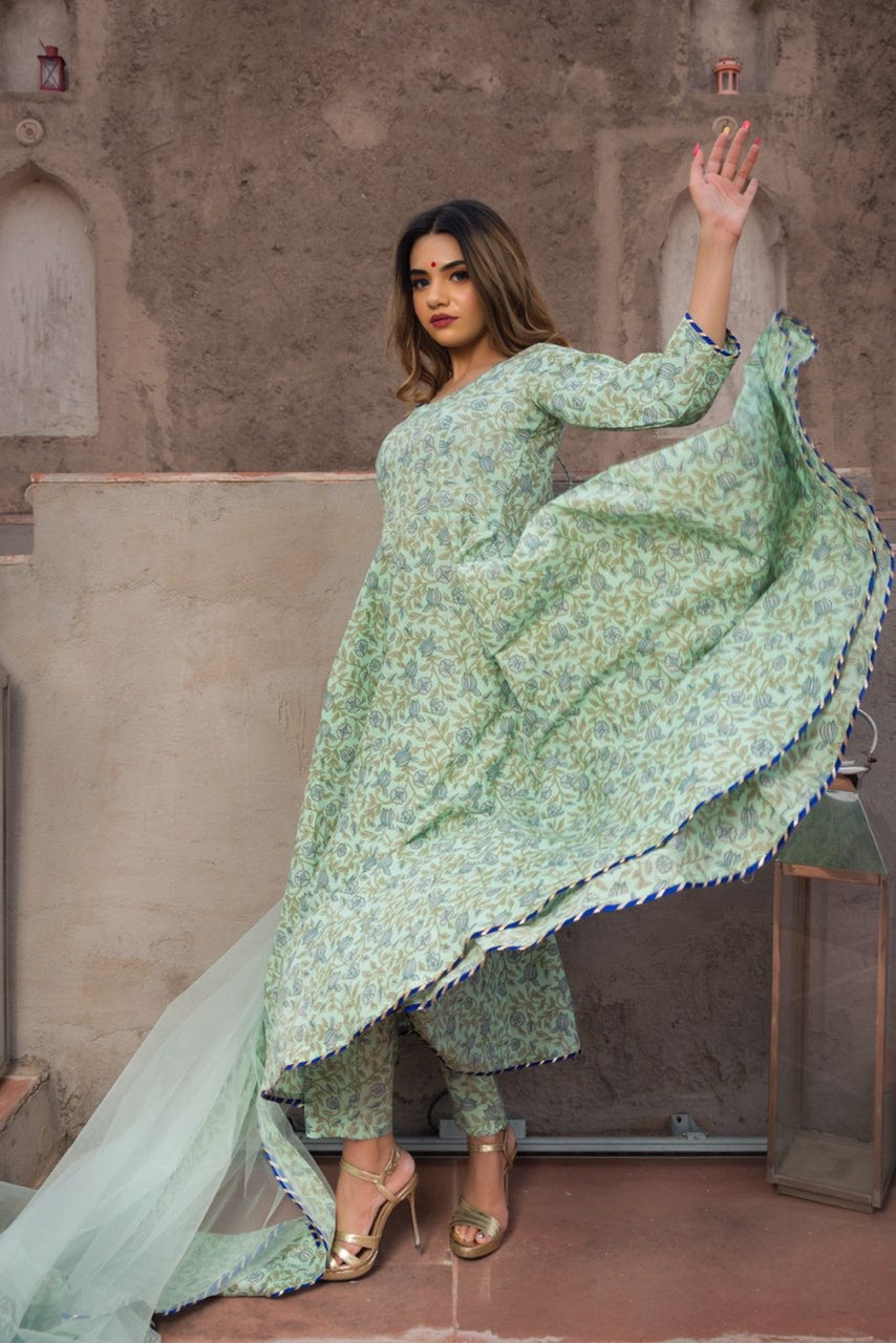 Pomcha Jaipur Aqua Green Hand Block Print Anarkali Set | Swadesiicart