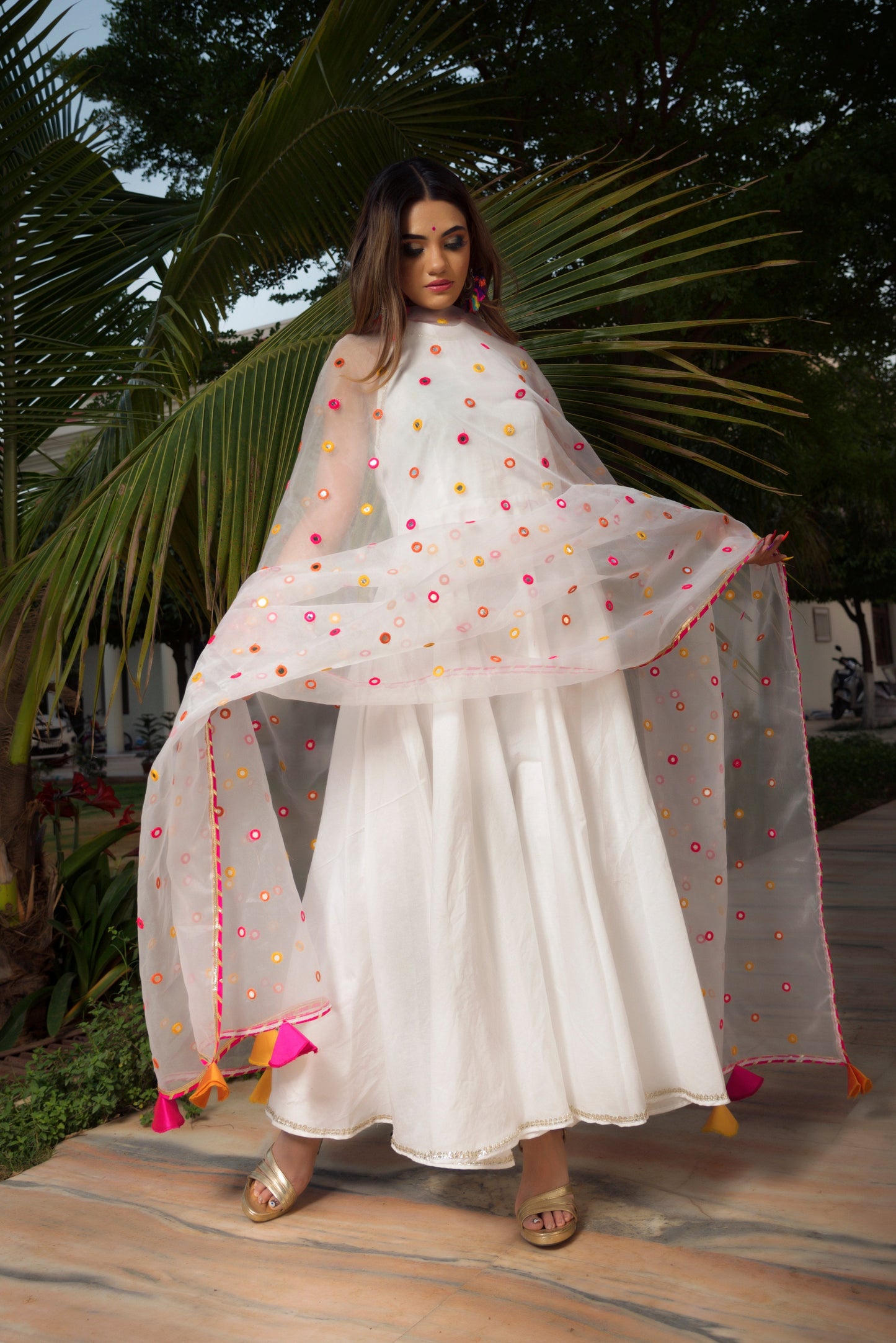 Pomcha Jaipur Pure Cotton Anarkali Set With Mirror Work Organza Dupatta | Swadesiicart