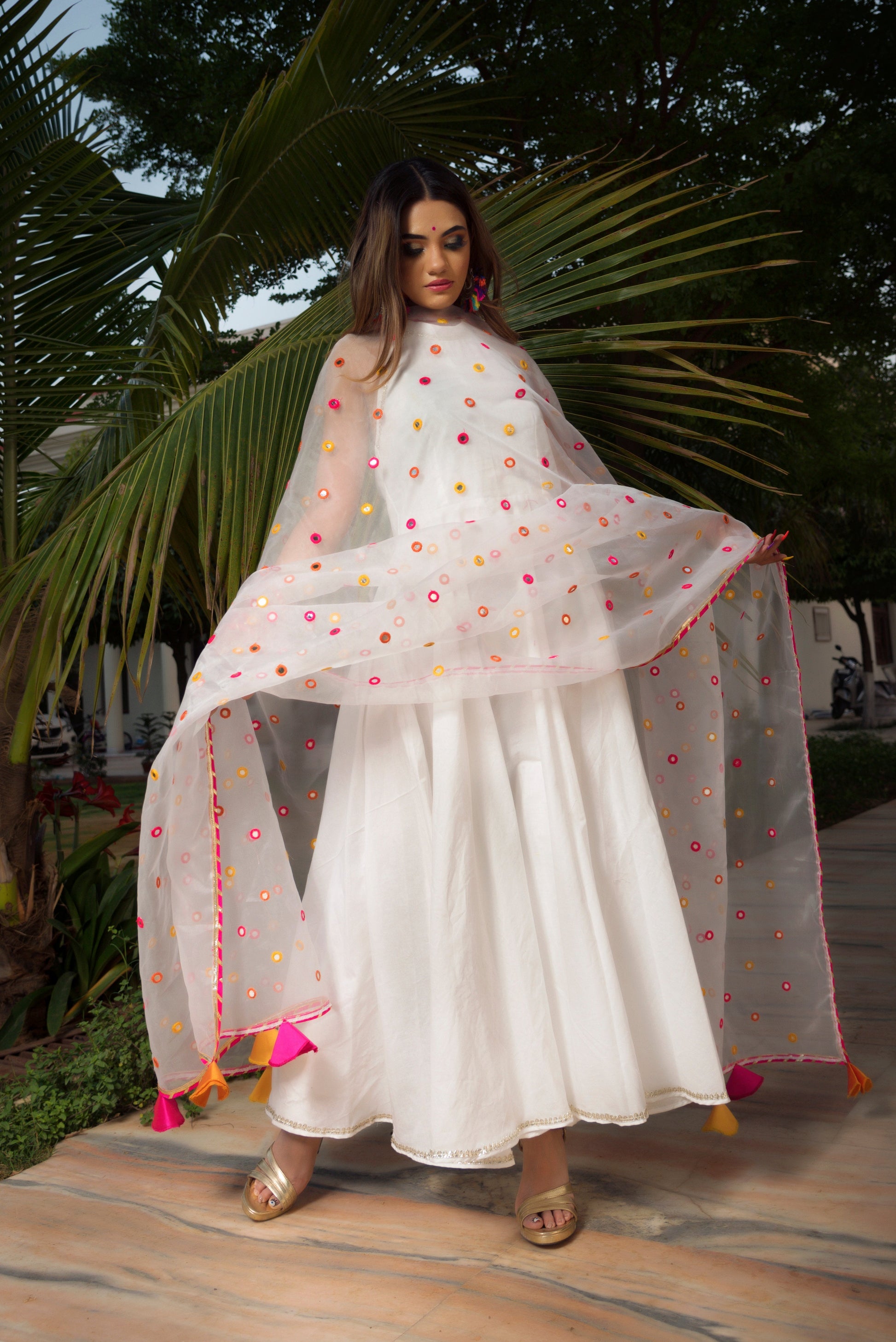 Pomcha Jaipur Pure Cotton Anarkali Set With Mirror Work Organza Dupatta | Swadesiicart