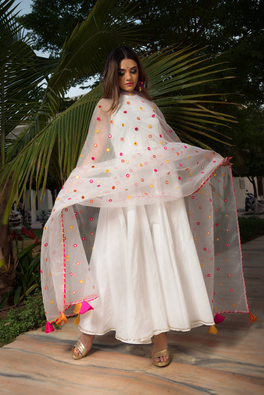 Pomcha Jaipur Pure Cotton Anarkali Set With Mirror Work Organza Dupatta | Swadesiicart