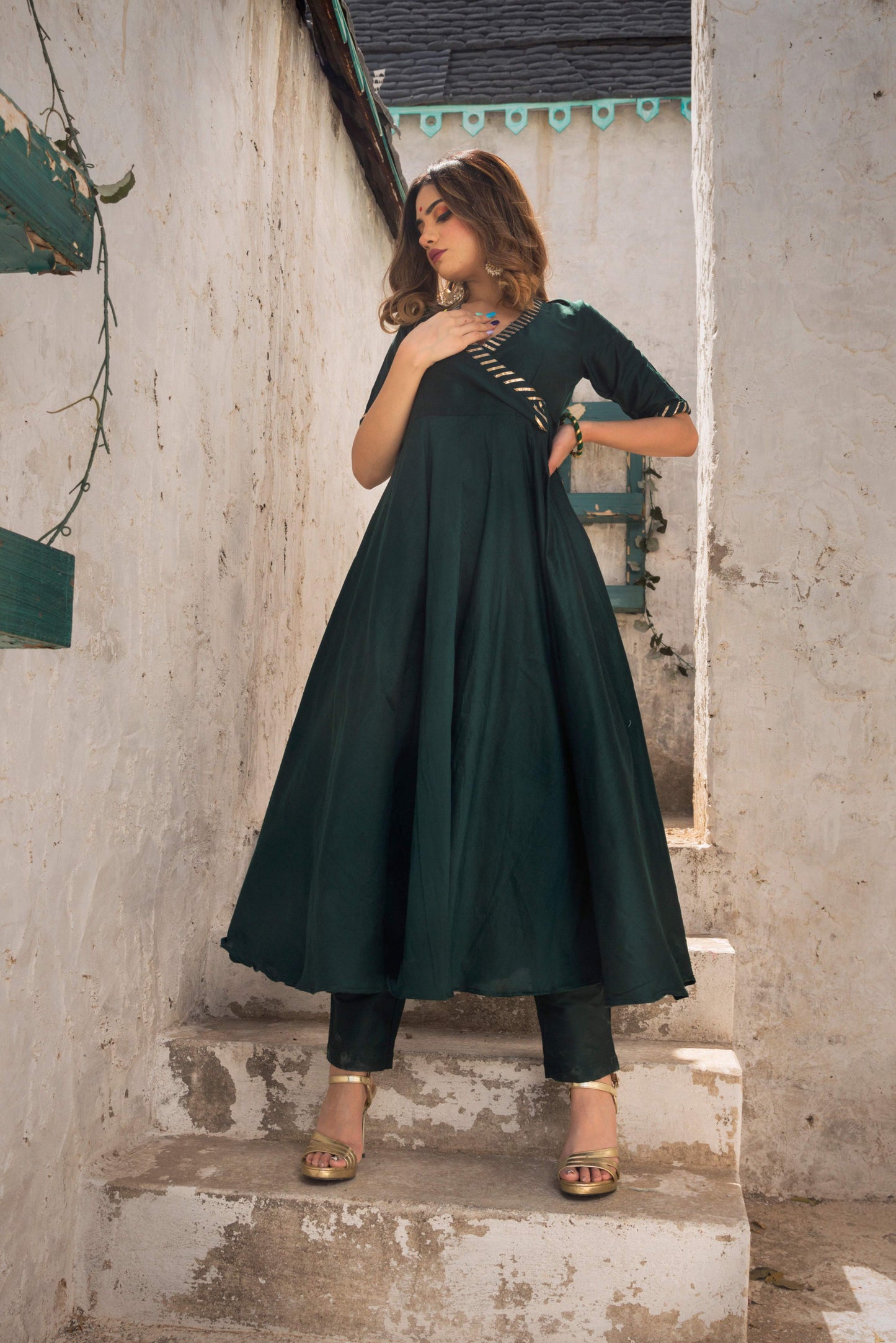 Pomcha Jaipur Poppy Green Pure Cotton Silk Angrakha Set | Swadesiicart