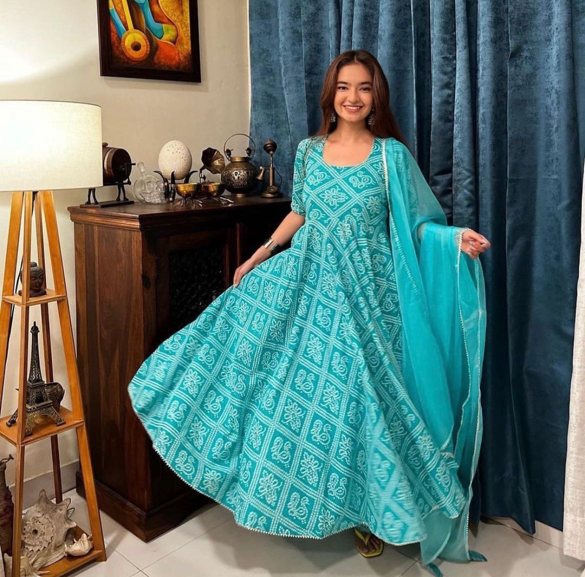 Pomcha Jaipur Bandhej Blue Cotton Anarkali Set | Swadesiicart