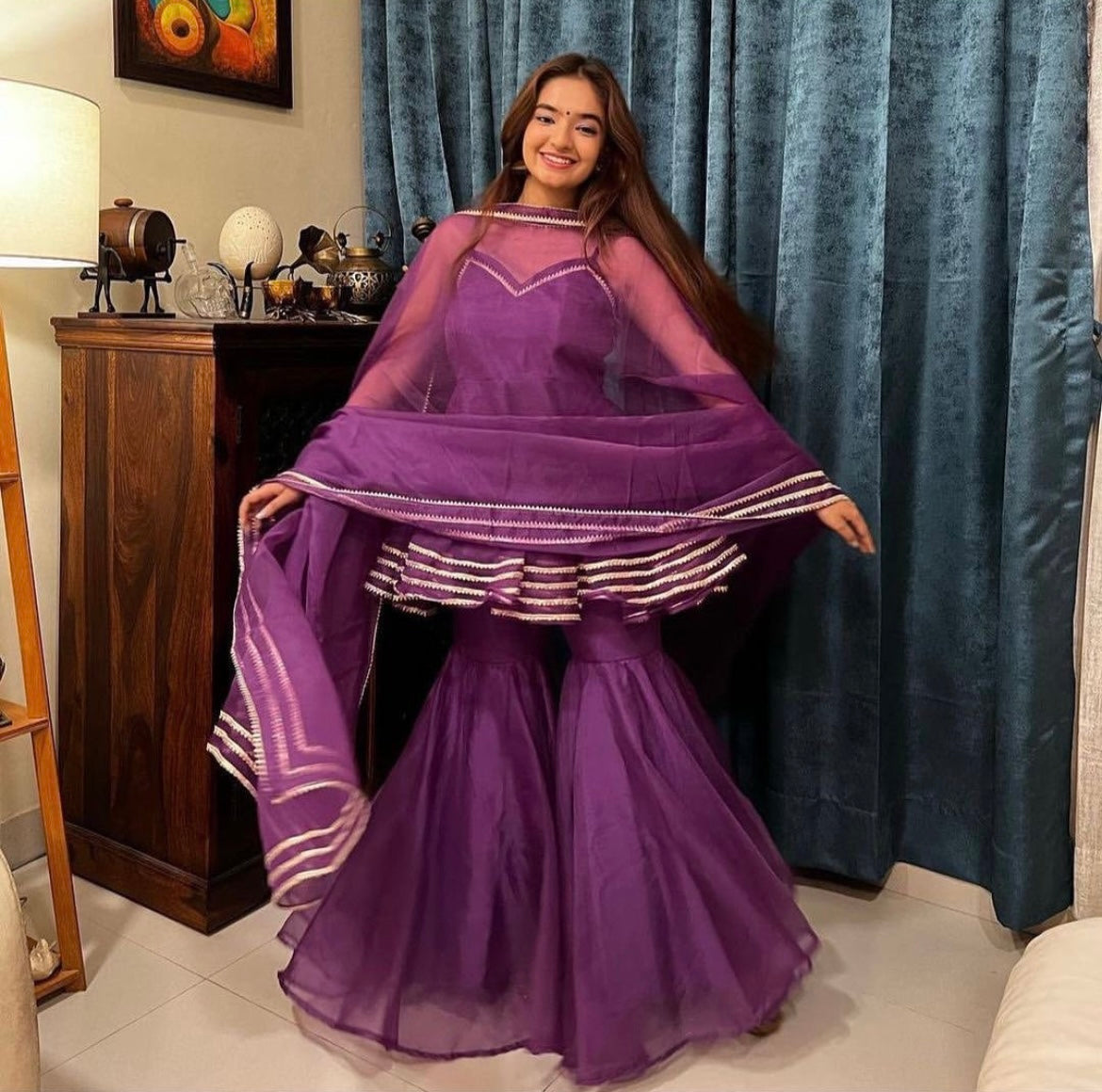 Pomcha Jaipur Masakali Purple Organza Sharara Set | Swadesiicart