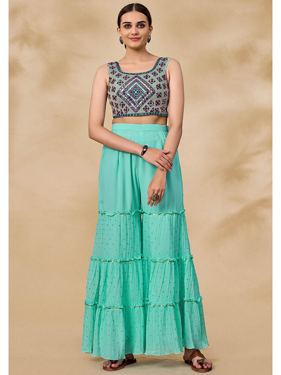 Myra Wine Jacket Style Sharara Suit | Swadesiicart