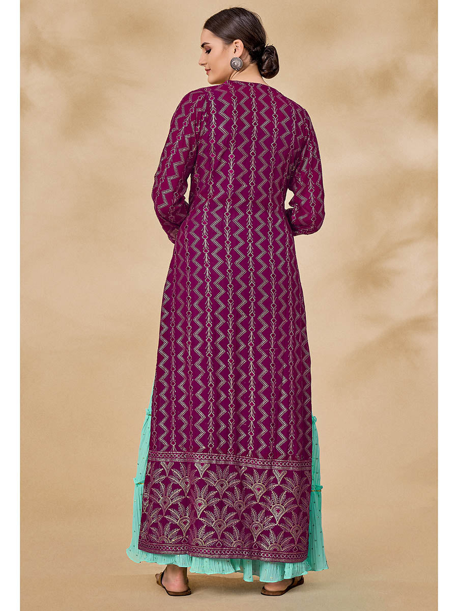 Myra Wine Jacket Style Sharara Suit | Swadesiicart