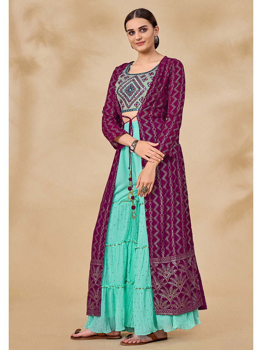 Myra Wine Jacket Style Sharara Suit | Swadesiicart