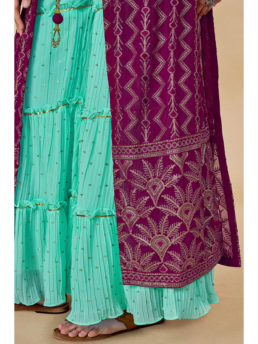 Myra Wine Jacket Style Sharara Suit | Swadesiicart