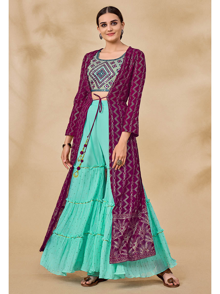 Myra Wine Jacket Style Sharara Suit | Swadesiicart