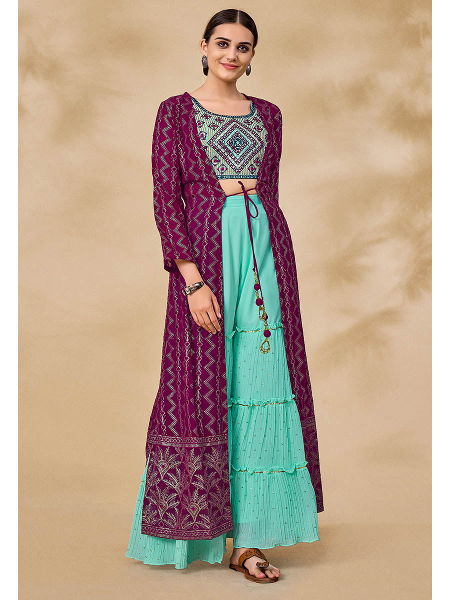 Myra Wine Jacket Style Sharara Suit | Swadesiicart