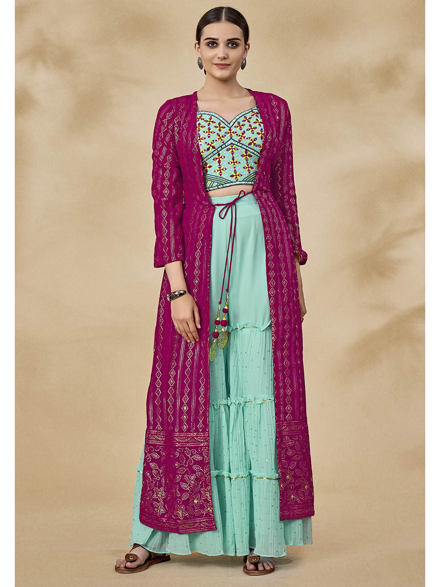 Myra Pink Jacket Style Sharara Suit | Swadesiicart