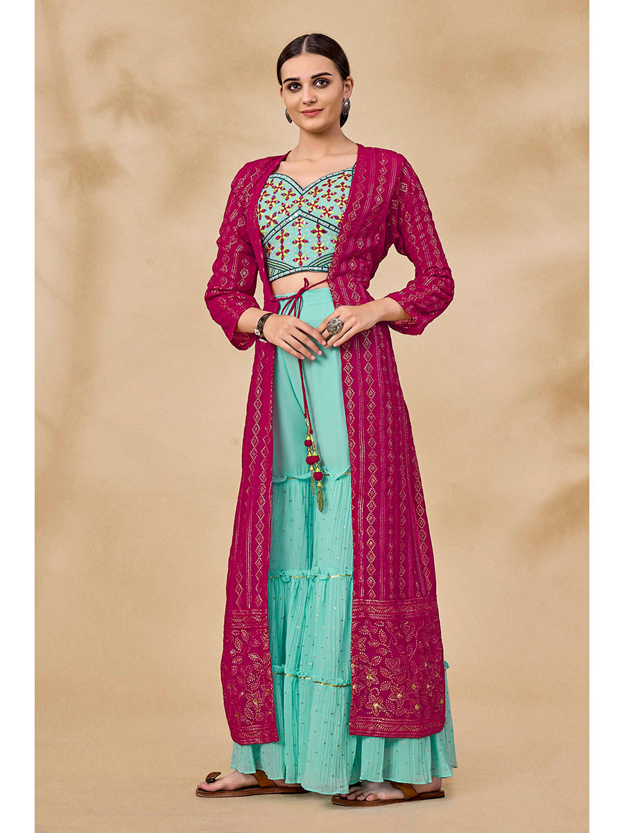 Myra Pink Jacket Style Sharara Suit | Swadesiicart