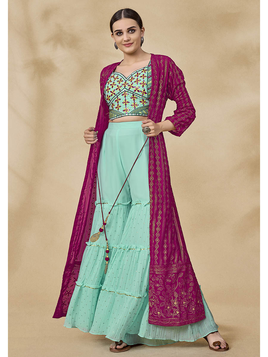 Myra Pink Jacket Style Sharara Suit | Swadesiicart