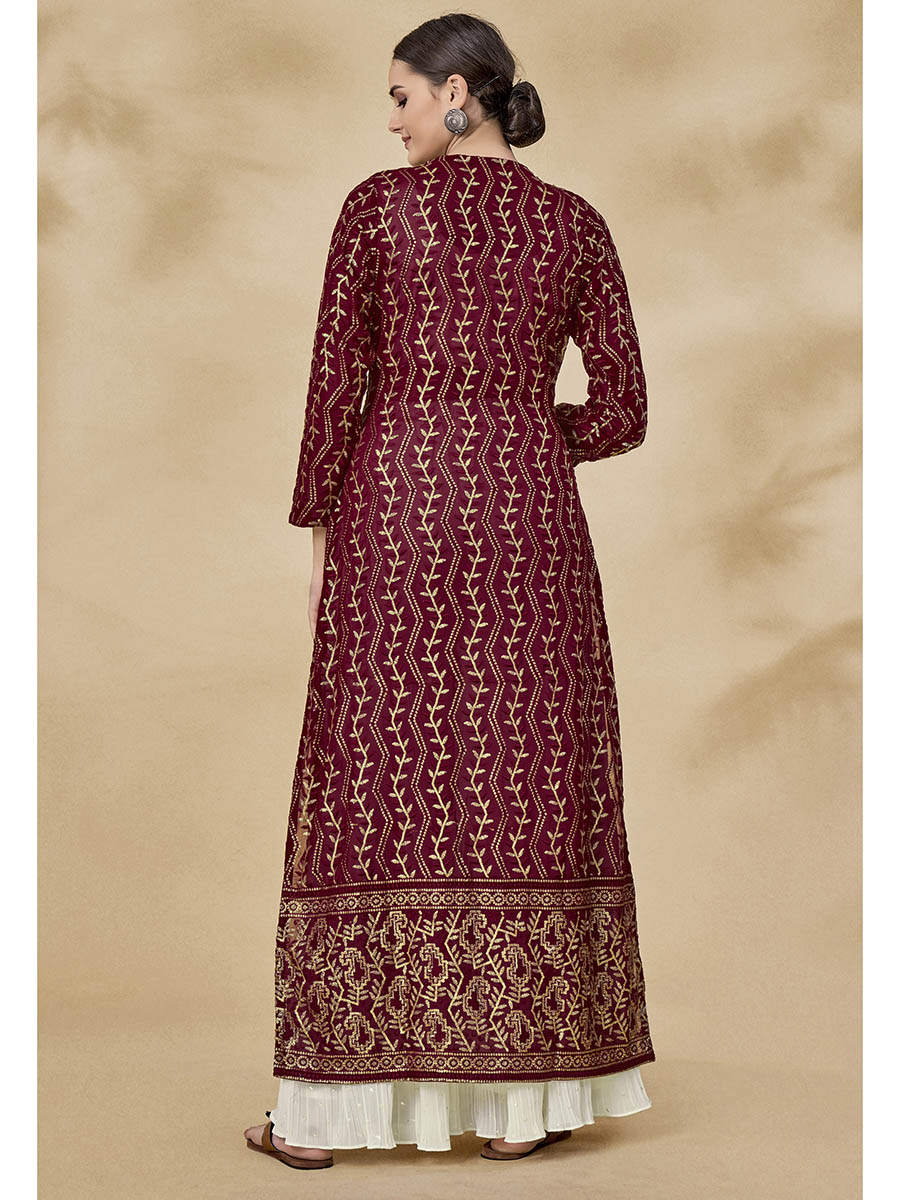 Myra Maroon Jacket Style Sharara Suit | Swadesiicart