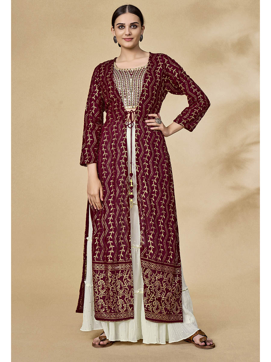Myra Maroon Jacket Style Sharara Suit | Swadesiicart