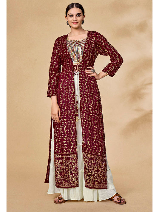 Myra Maroon Jacket Style Sharara Suit | Swadesiicart