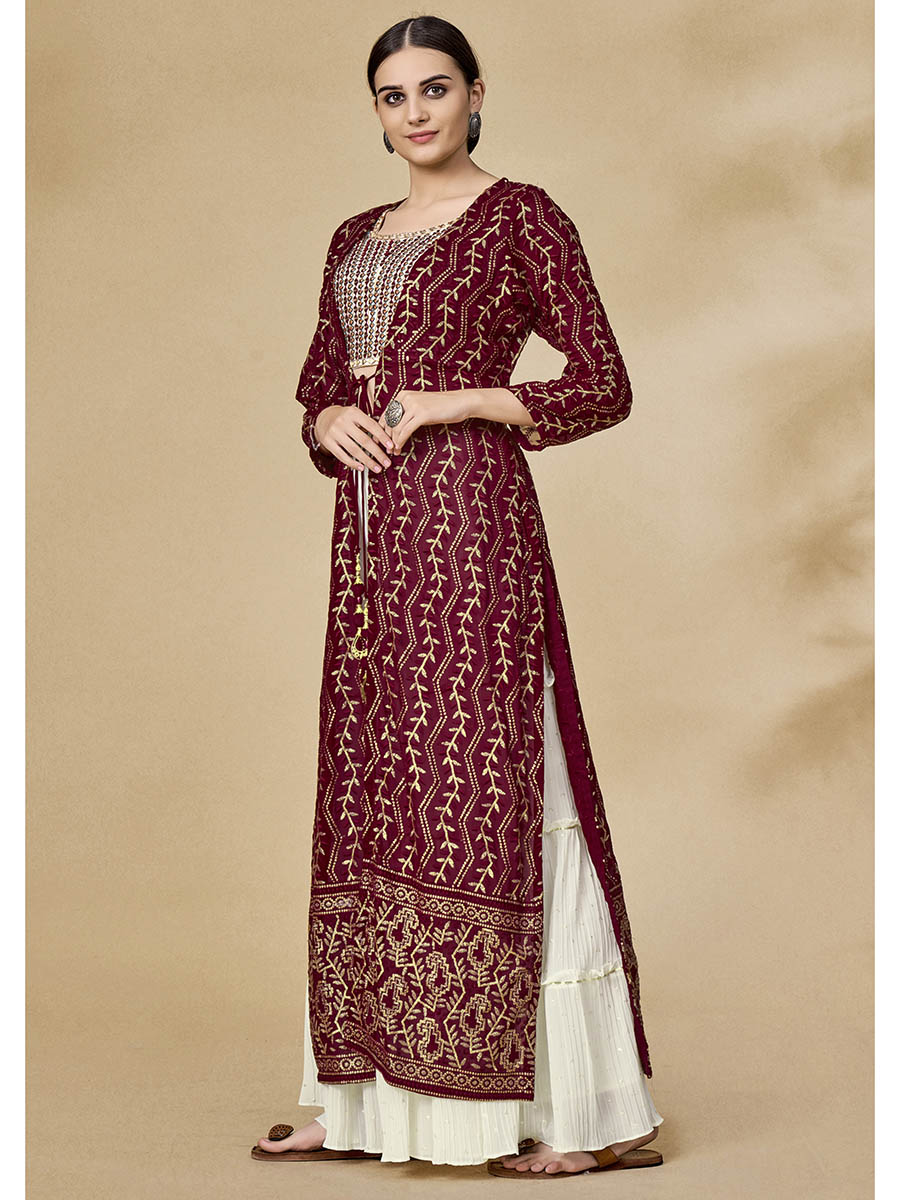 Myra Maroon Jacket Style Sharara Suit | Swadesiicart