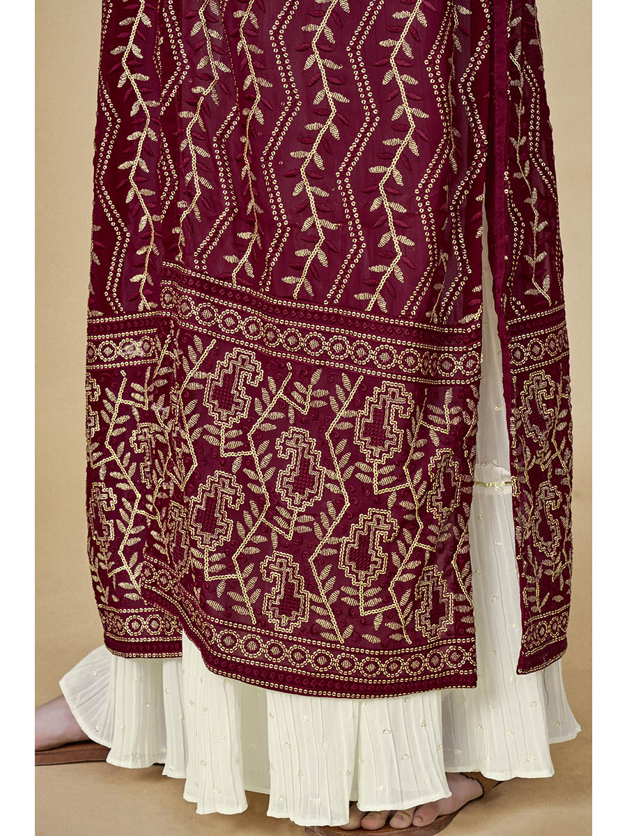 Myra Maroon Jacket Style Sharara Suit | Swadesiicart