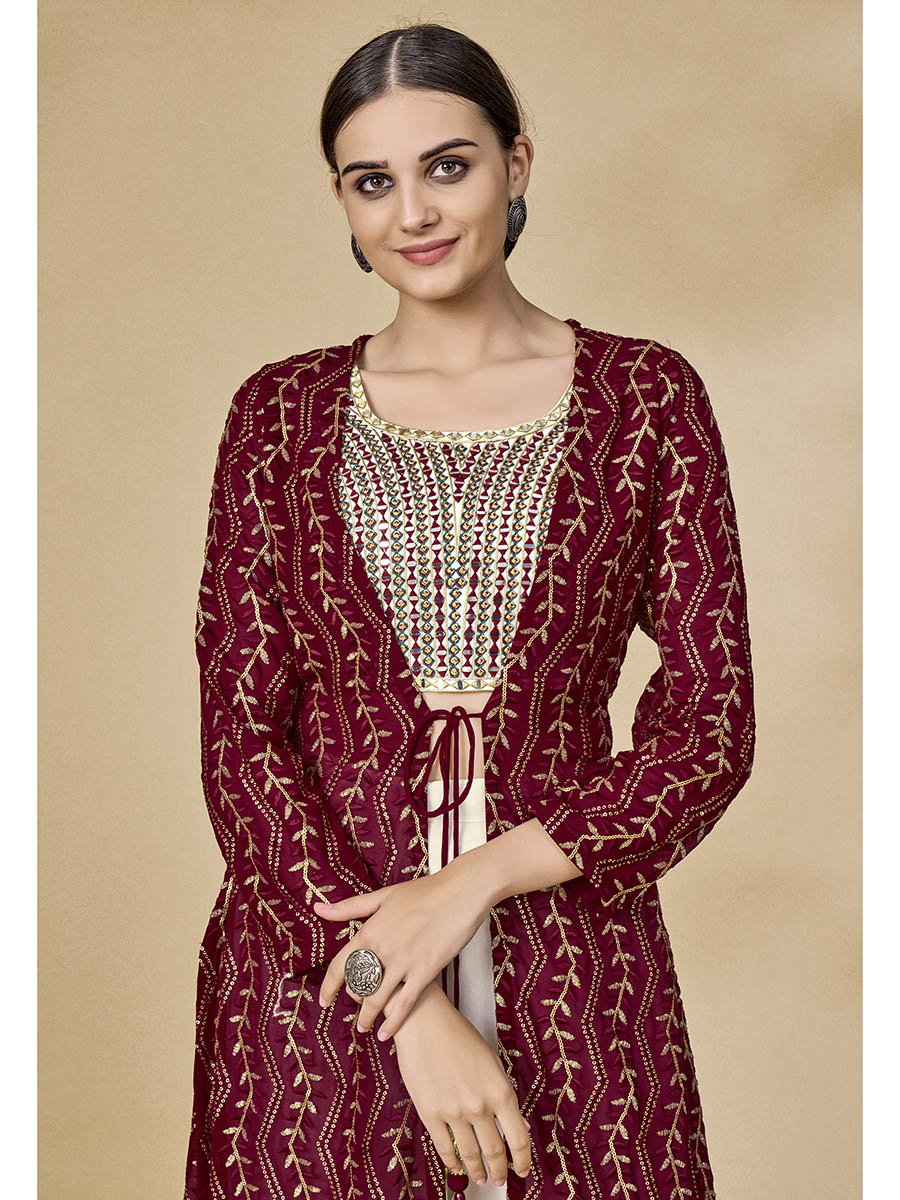 Myra Maroon Jacket Style Sharara Suit | Swadesiicart