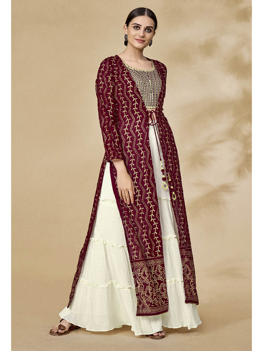 Myra Maroon Jacket Style Sharara Suit | Swadesiicart