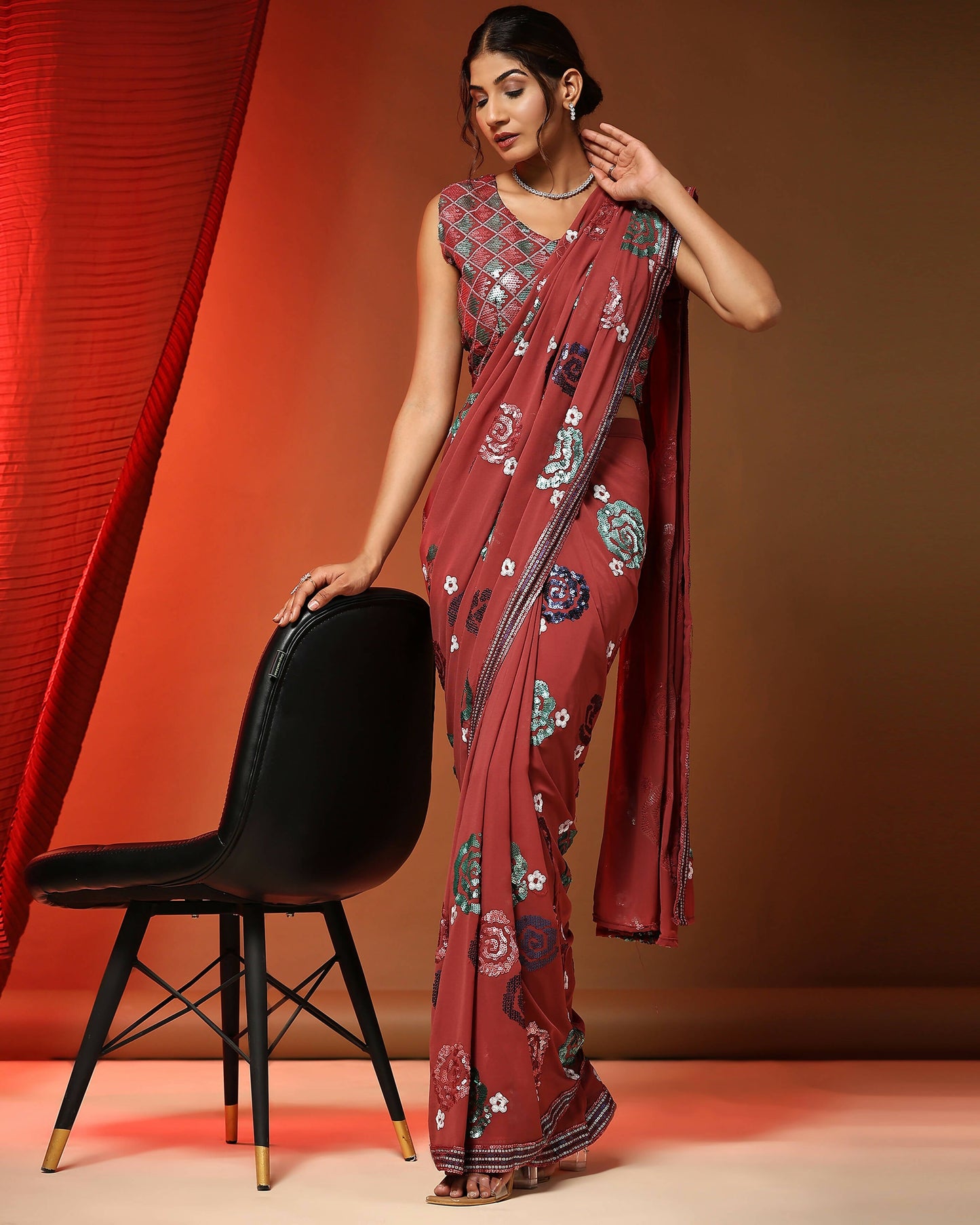 Peach Pure Georgette Sequence work Ready to wear Saree with stitched Blouse - Nirvana | Swadesiicart
