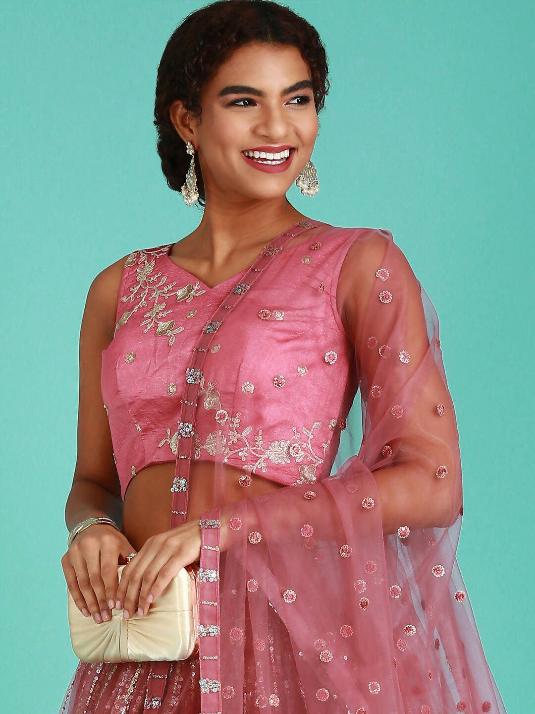 House of Panchhi Rose Gold Net Sequinse Work Lehenga & Blouse, Dupatta | Swadesiicart