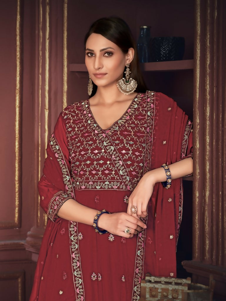 Jyoti Fashion Women's Maroon Georgette Embroidered Anarkali Kurta Pant Set With Dupatta | Swadesiicart