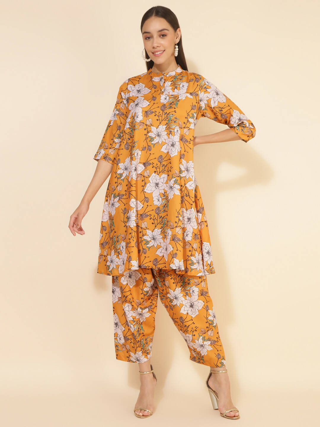 Janasya Women's Mustard Moss Digital Floral Printed Casual A-line Co-ords - Swadesiicart