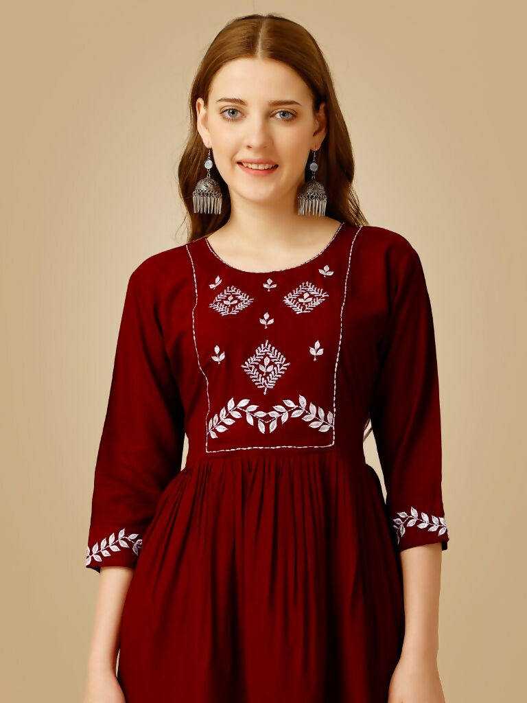 Jyoti Fashion Women's Maroon Viscose Rayon Embroidered Casual Top | Swadesiicart