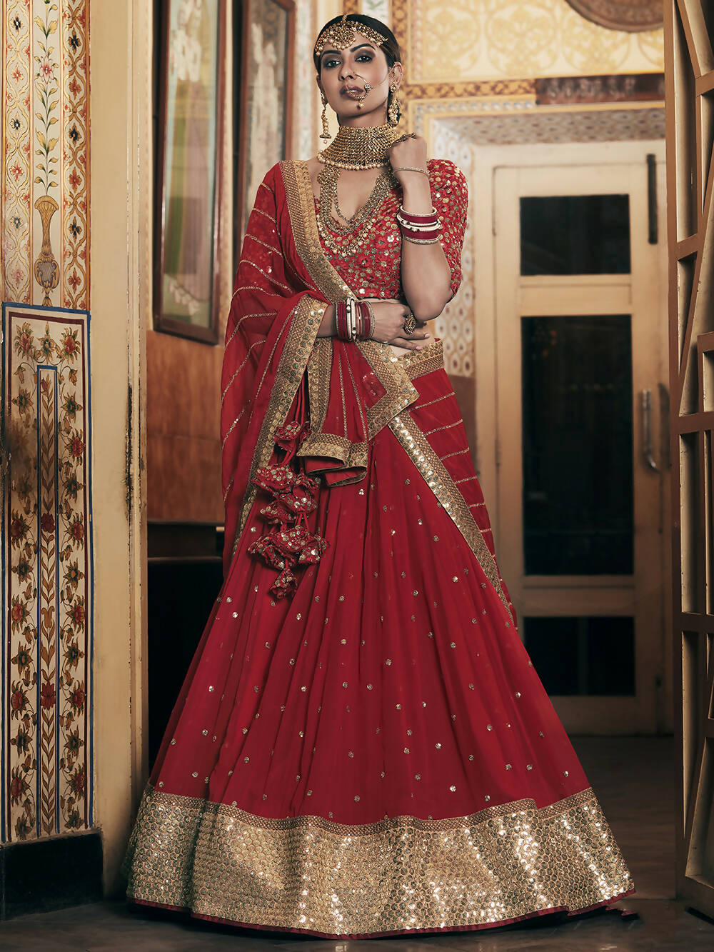 Wedding Designer Sequene Zari Resham Embroidery Red Georgette Lahengha Choli - Anbazaar | Swadesiicart