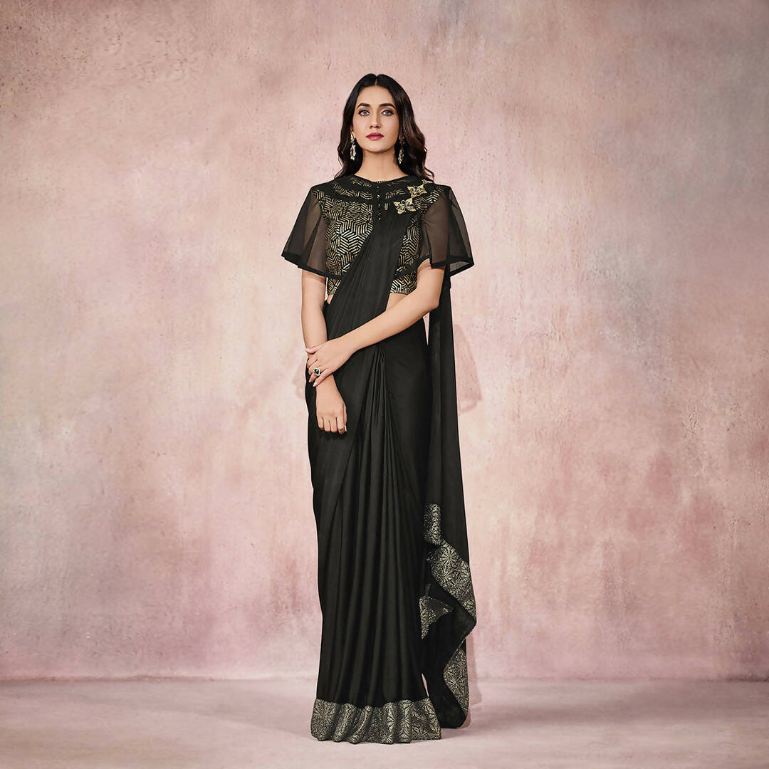 Black Lycra Embroidery Designer Saree With Blouse - Mohmanthan Sitaarah
