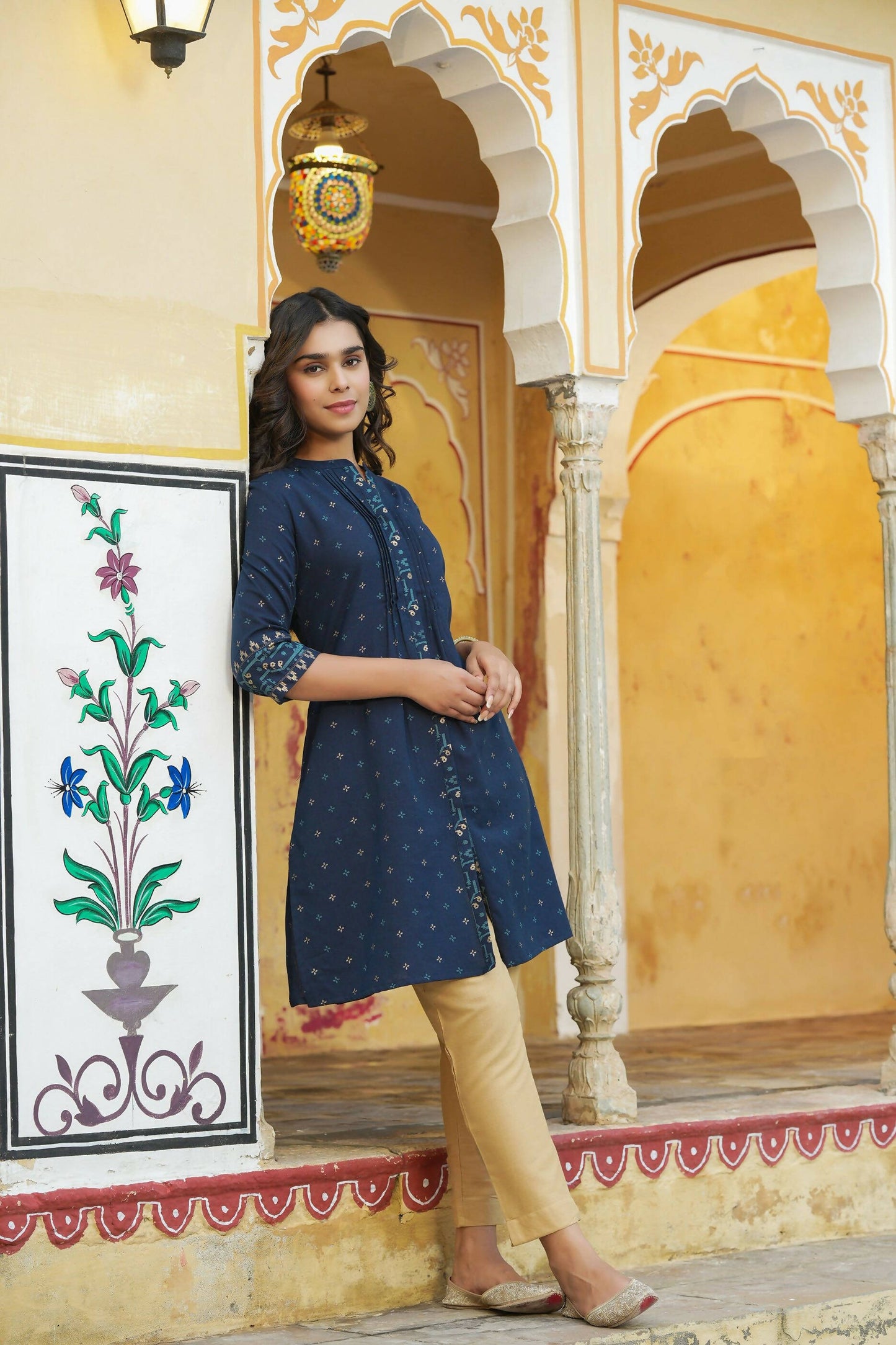 Juniper Women's Blue Cotton Flex Printed A-Line Kurta | Swadesiicart