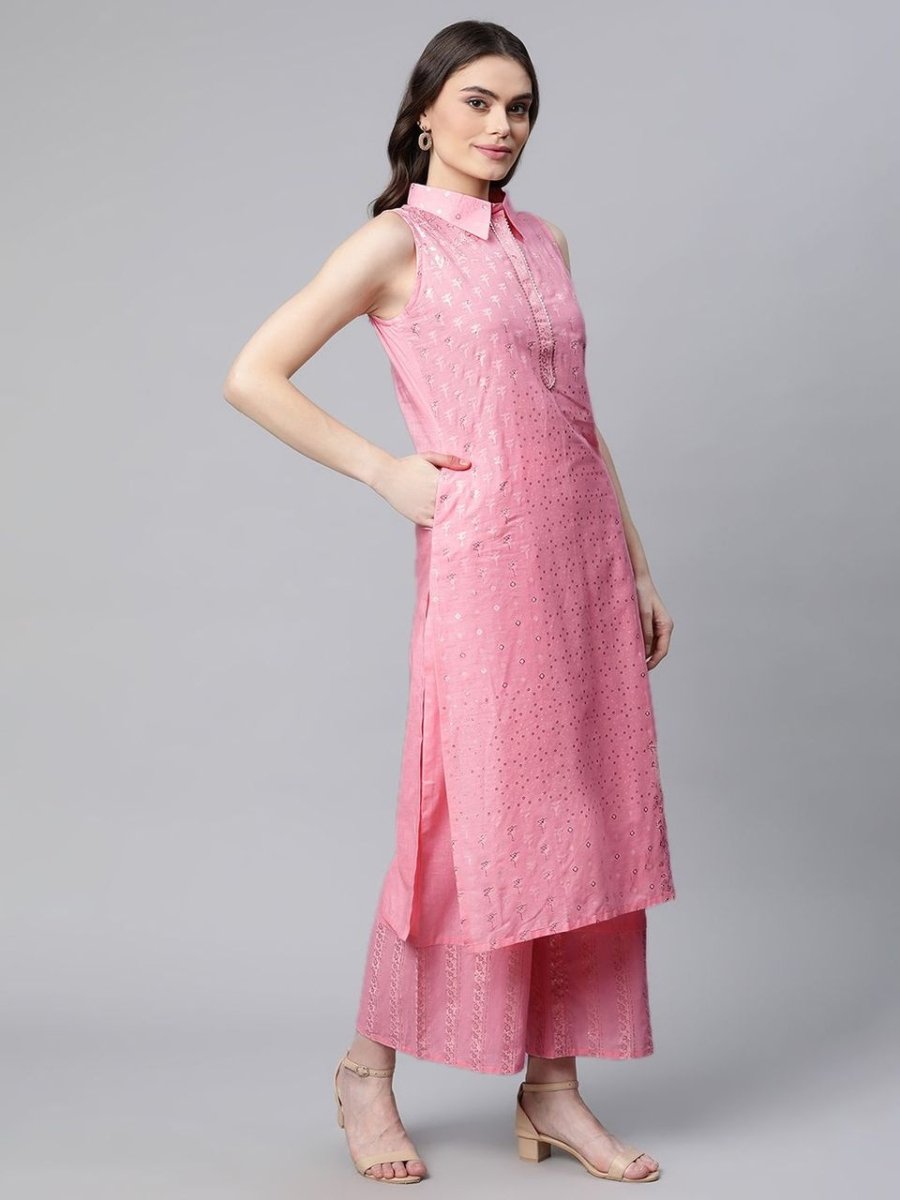 Ahalyaa Women Light Pink Colour Pure Cotton Printed Kurta Palazzo Set | Swadesiicart