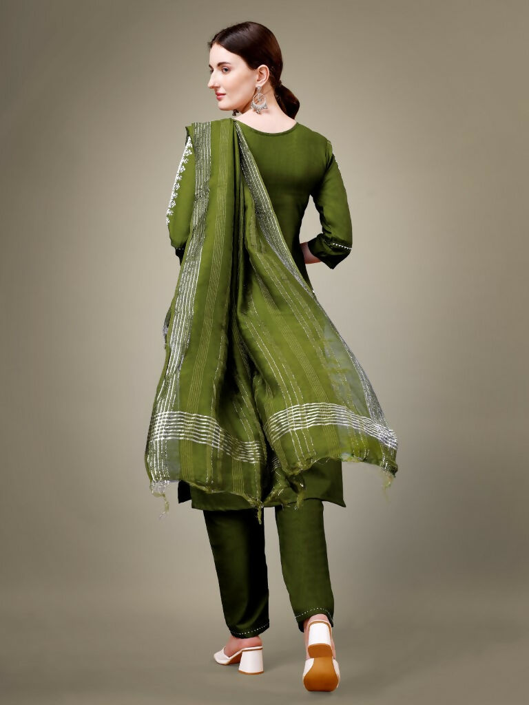 Jyoti Fashion Women's Mehendi Cotton Blend Embroidery & Sequence work Kurta with Trouser & Dupatta | Swadesiicart