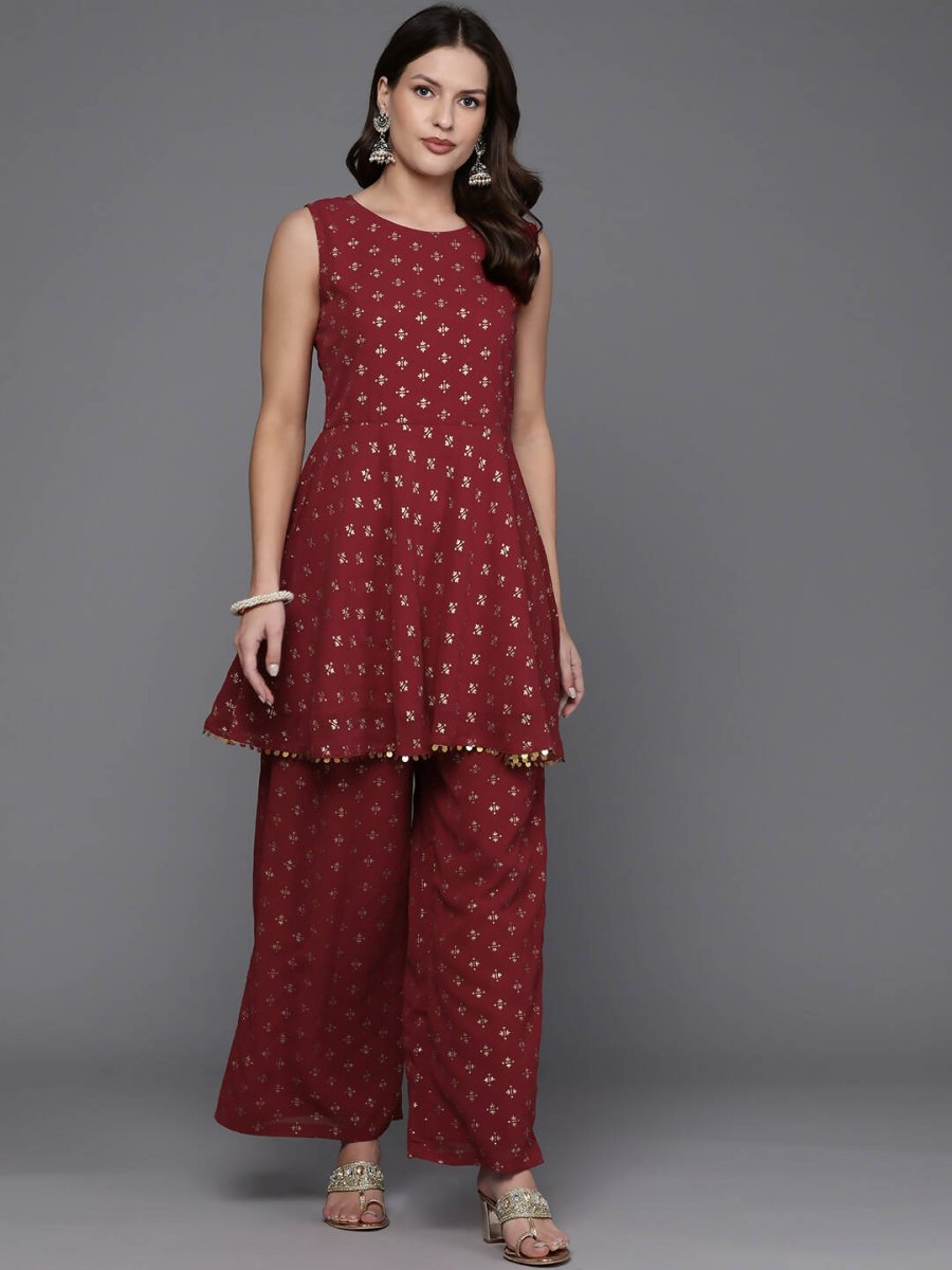 Ahalyaa Women Printed Tunic with Palazzos - Maroon Color | Swadesiicart