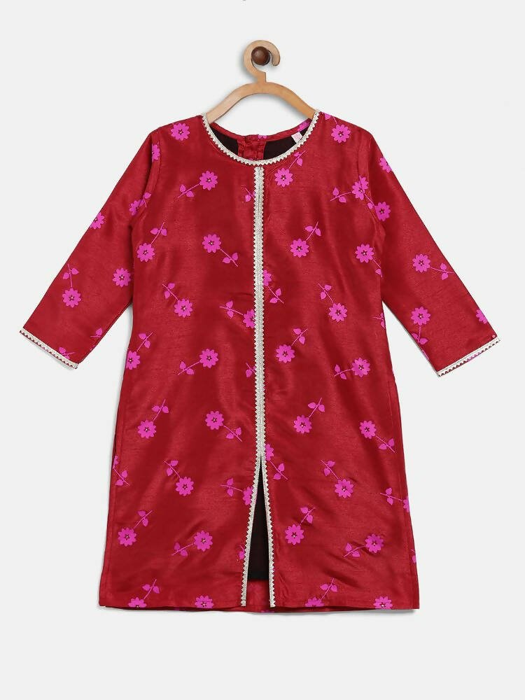 Ahalyaa Red Poly Silk Straight Printed Kids Kurta Palazzo Set For Girls | Swadesiicart