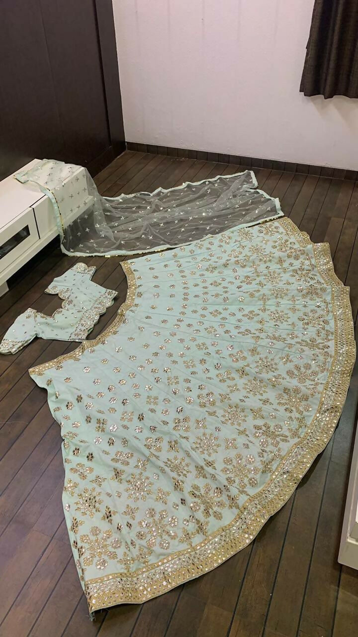 Jyoti Fashion Women's Sky Blue Mulberry Silk Paper Mirror with Zari Embroidered Designer Lehenga Choli Set | Swadesiicart