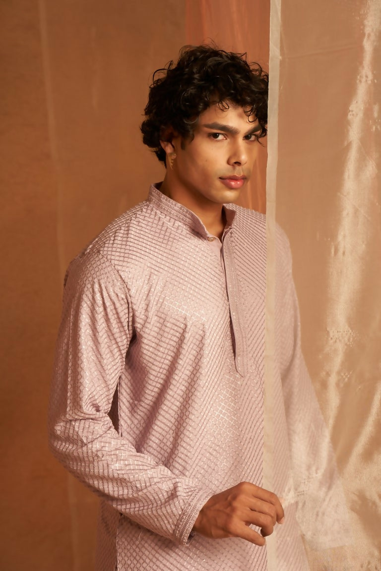 Lavender viscose Chikankari Embroidery Work Men's Traditional Kurta Set - Mahotsav | Swadesiicart