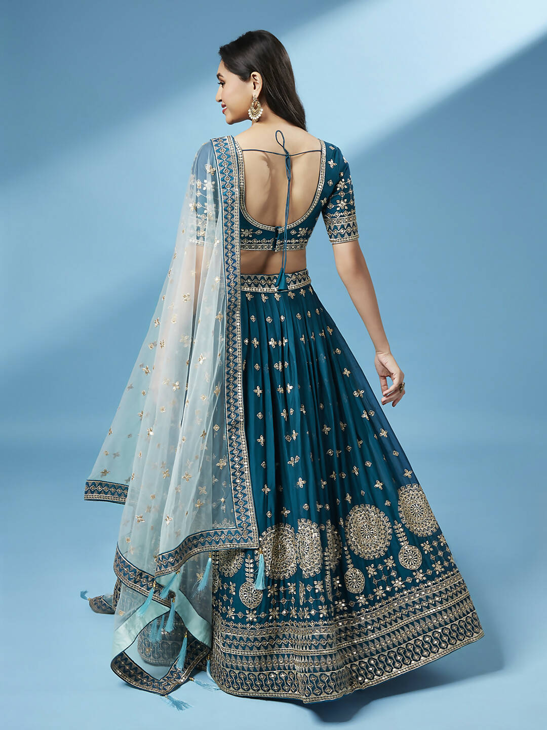 House of Panchhi Teal - Pure Georgette Embroidered Lehenga | Swadesiicart
