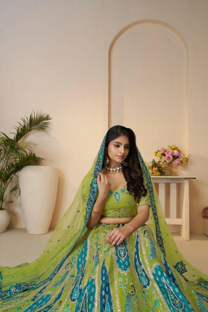 Kesar Fab Green Banarasi Silk Embroidered Lehenga | Swadesiicart