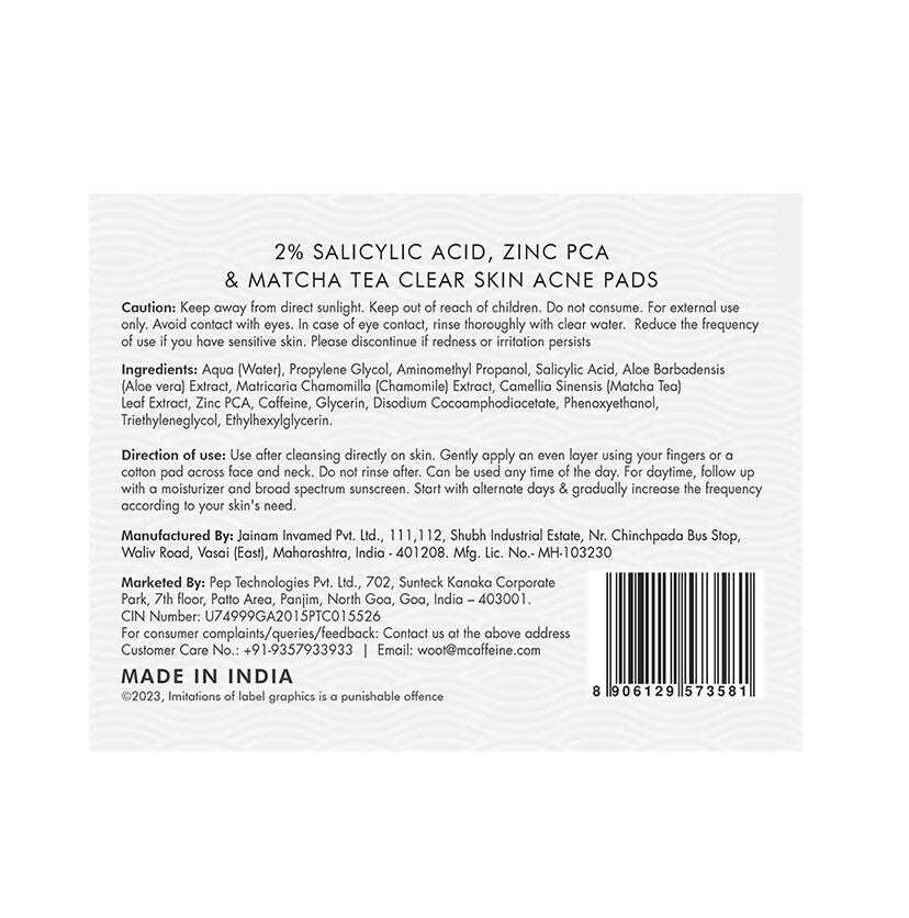 mCaffeine 2% Salicylic Acid Serum Clear Skin Acne Pads - Acne & Oil Control with Matcha Tea - Swadesiicart