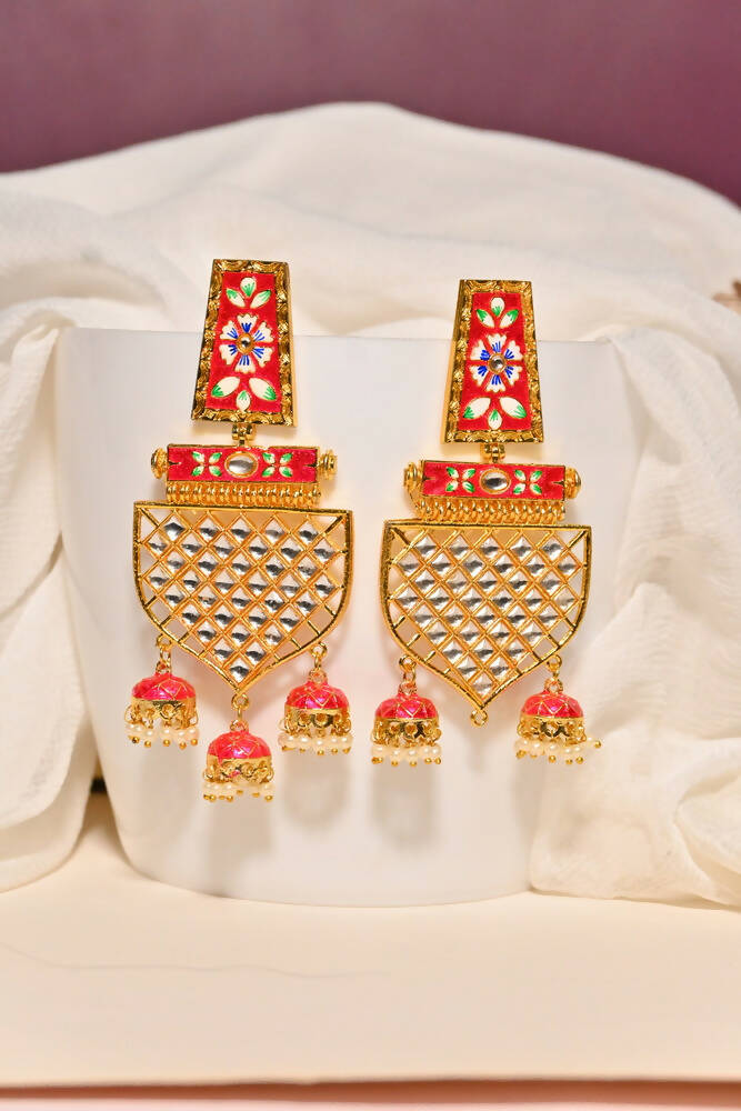 Traditional Gold-Polished Meenakari Red Jhumka Jhumki Earrings By House of Ree - House of Ree
