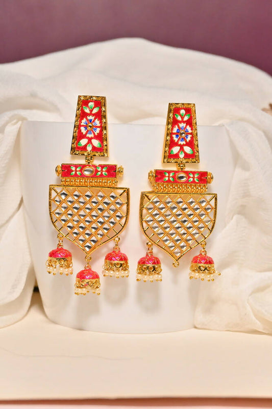 Traditional Gold-Polished Meenakari Red Jhumka Jhumki Earrings By House of Ree - House of Ree