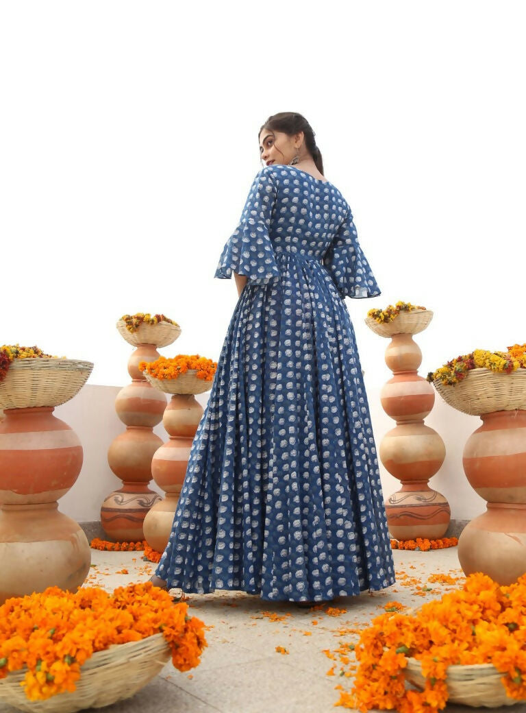 Jyoti Fashion Women's Blue Heavy Digital Printed Cotton Silk Anarkali Dress | Swadesiicart