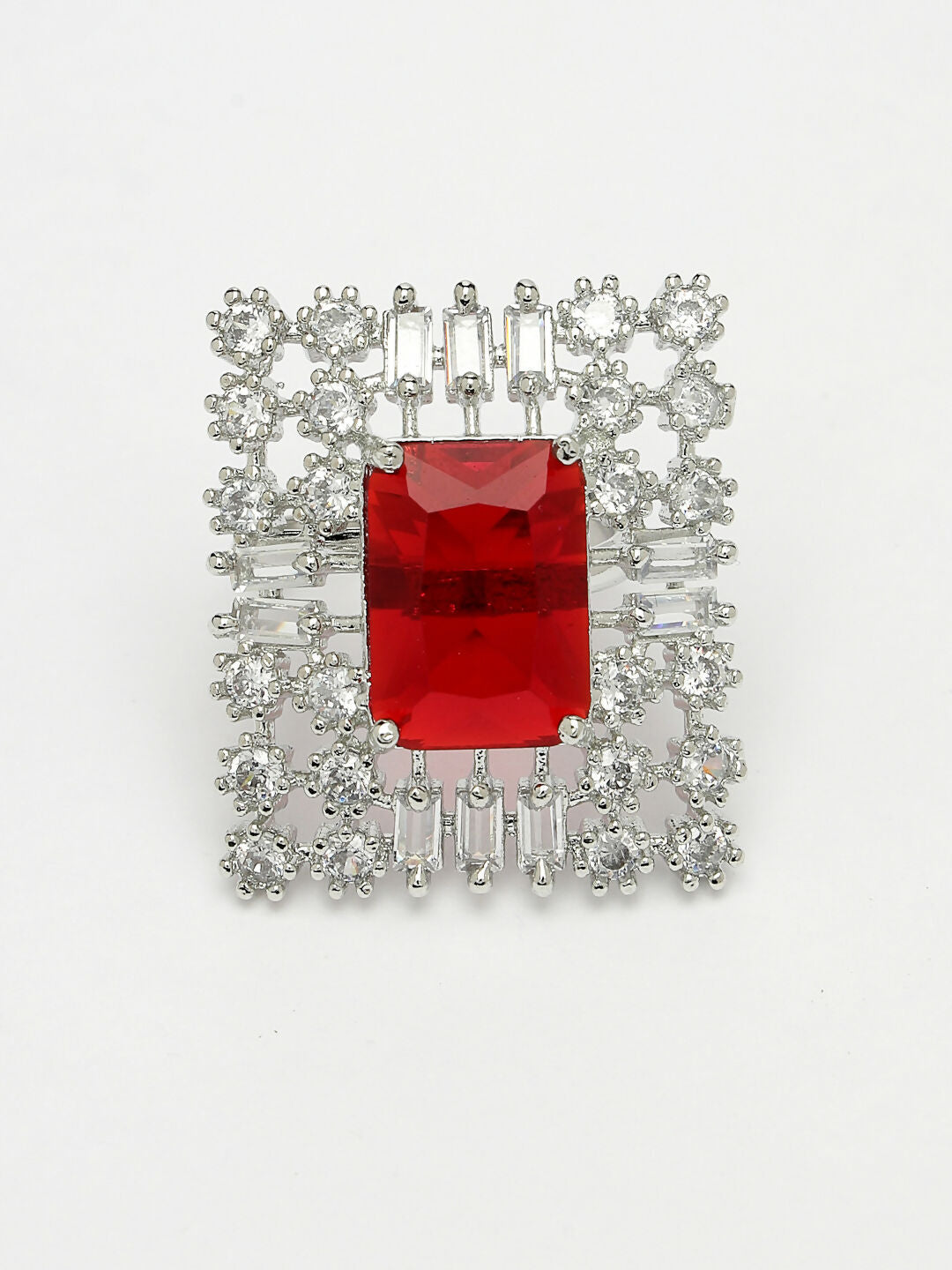 NVR Women's Red & Silver CZ-Studded Square-Shaped Adjustable Finger Ring | Swadesiicart