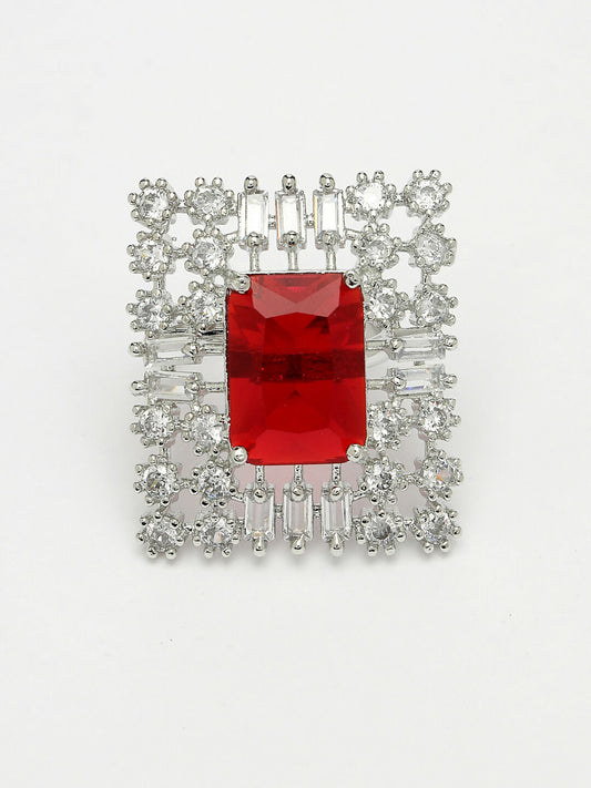 NVR Women's Red & Silver CZ-Studded Square-Shaped Adjustable Finger Ring | Swadesiicart