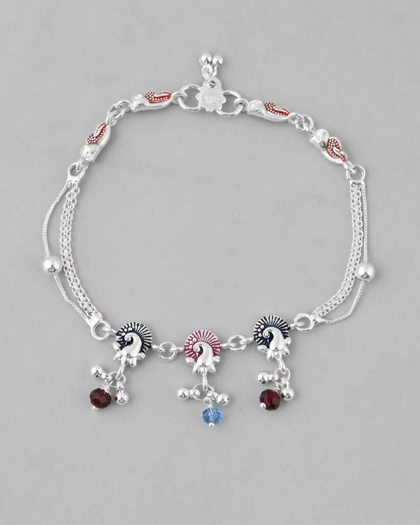 VOJ Set of 2 Silver Plated Peacock Shaped Multi Color Anklet - Swadesiicart