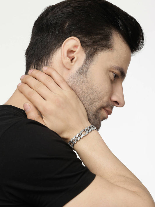 NVR Men Silver-Plated Stainless Steel American Diamond Studded Link Bracelet - NR Retail-NVR